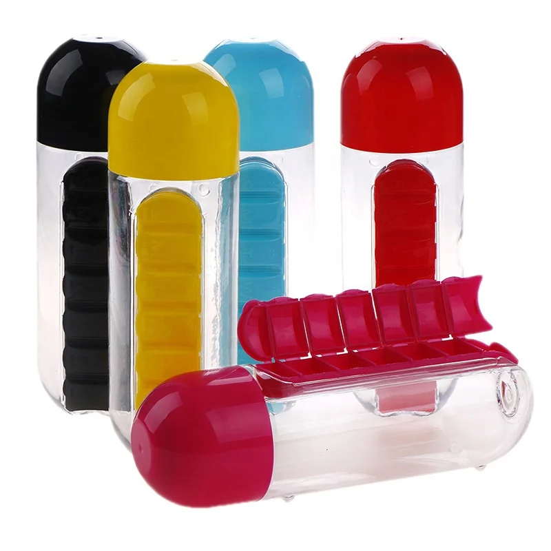 600Ml Water Bottle with Pillbox Plastic Drink Bottle with Medicine Pills Box Travel 7 Days Drug Organizer Drinking Container
