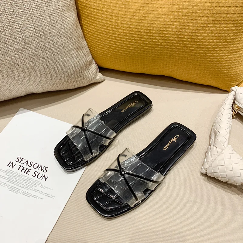 Ladies Fancy Slippers Transparent ABS Jelly Shoes Flat Slides Slippers for Female