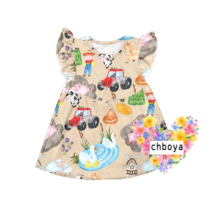 latest children dress designs wholesale farm and car pattern pearl sleeves  new fashion girl dress