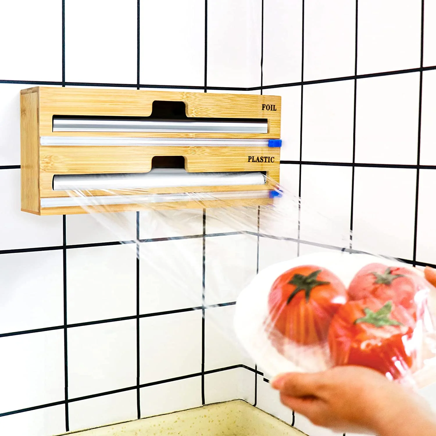 2022 Kitchen Usage Bamboo Wrap Holder Dispenser with Cutter Plastic Wrap, Aluminum Foi Roll Organization Storage Holder