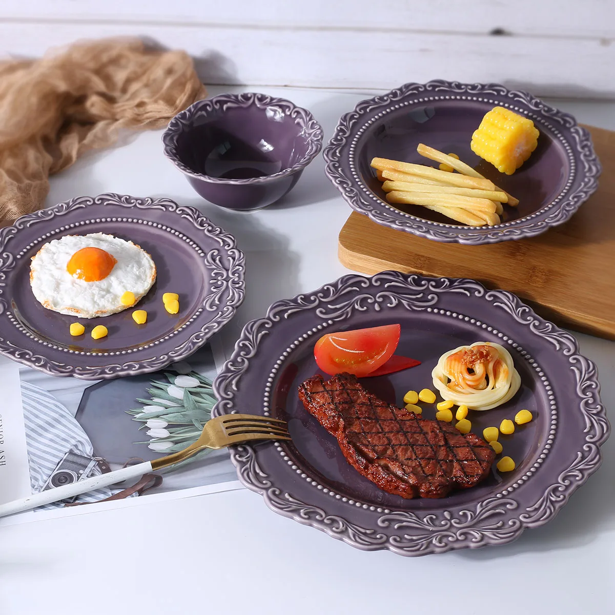 Wholesale Fancy Design Ceramic Bowl Restaurant Royal Luxury Embossed Purple Salad Soup Bowls