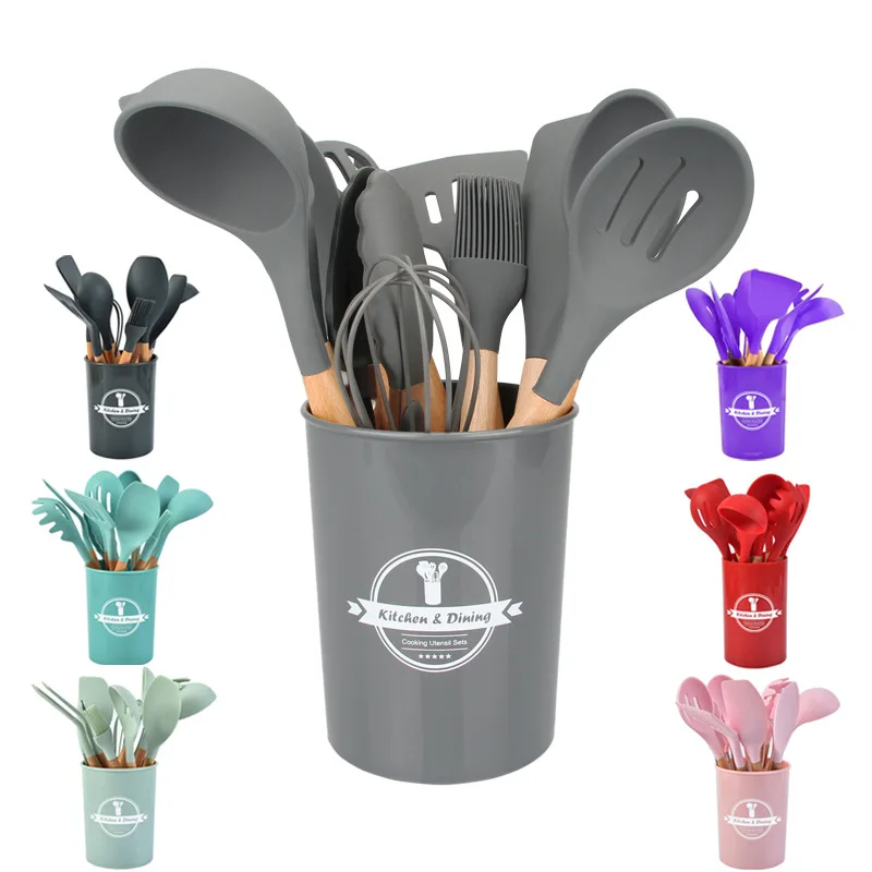 Silicone Cooking Utensils Kitchen Utensil Set Non-stick Spatula Wooden Handle with Storage Box Kitchen Tools Gray