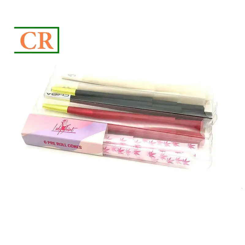 84mm/87mm Custom Prerolled Cone Rolling Paper with Gold Foil Filter/Tip and Transparent PET Box Packs