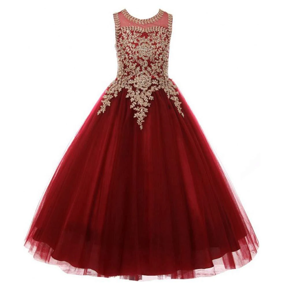 Wholesale Kids Evening Red Gown Girls Dress Wedding Party Children Long Backless Wine Gowns Baby Dressing Tulle Princess Dress