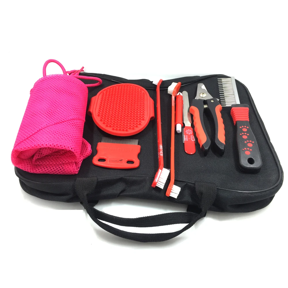 
Luxury Pet Grooming Tools Massage Dog Bath Brush Set with Bag-Glove Comb Nail Scissors & File 