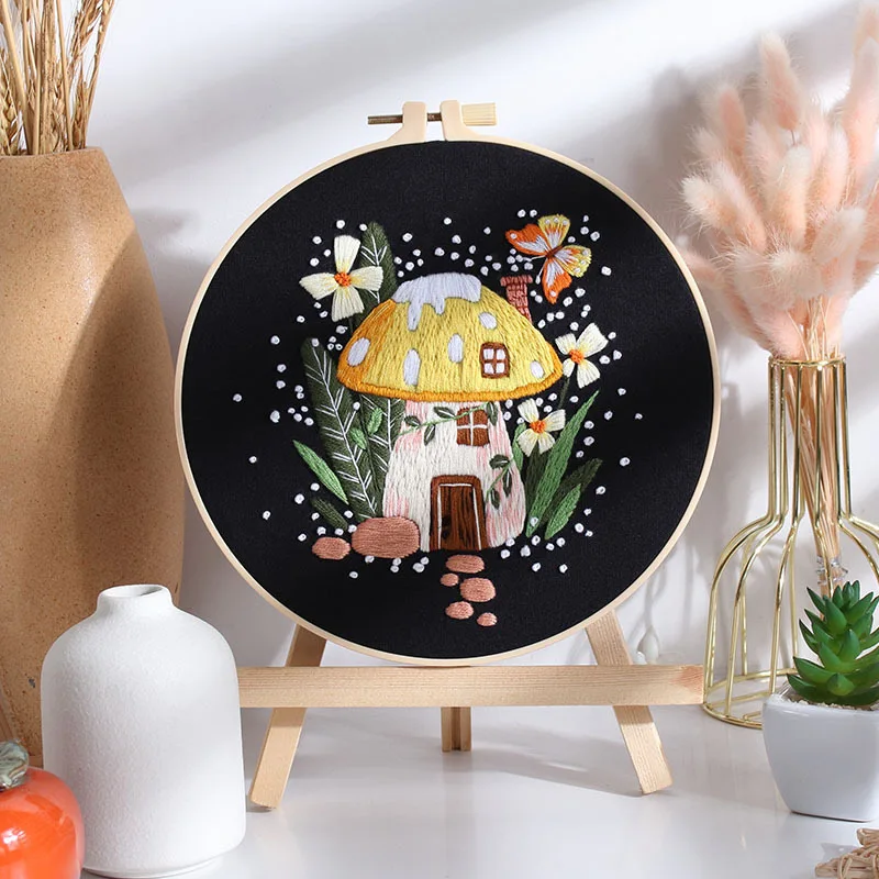 2024 New Design Mushroom House Hand started Embroidery kit for Beginners with Embroidery Hoop and Instructions