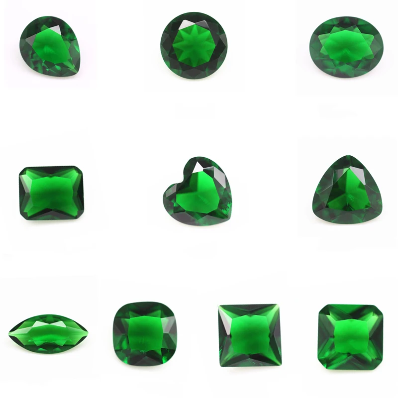 wholesale rich size faceted cut shape emerald green color K9 crystal glass loose gems synthetic green emerald glass gems