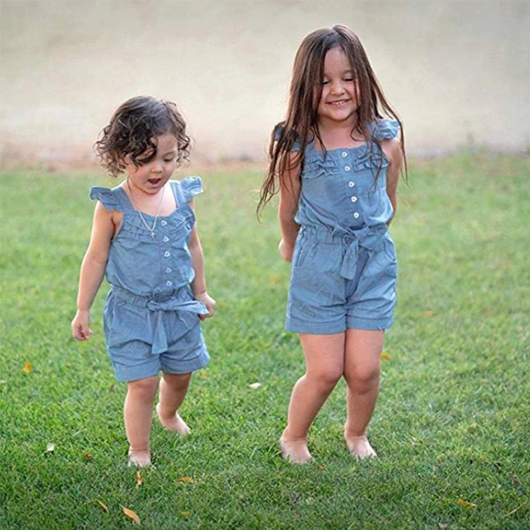 Hot Selling Summer Child Clothing Sweet Blue Ruffles Kids Girls One Piece Jumpsuit With Belt