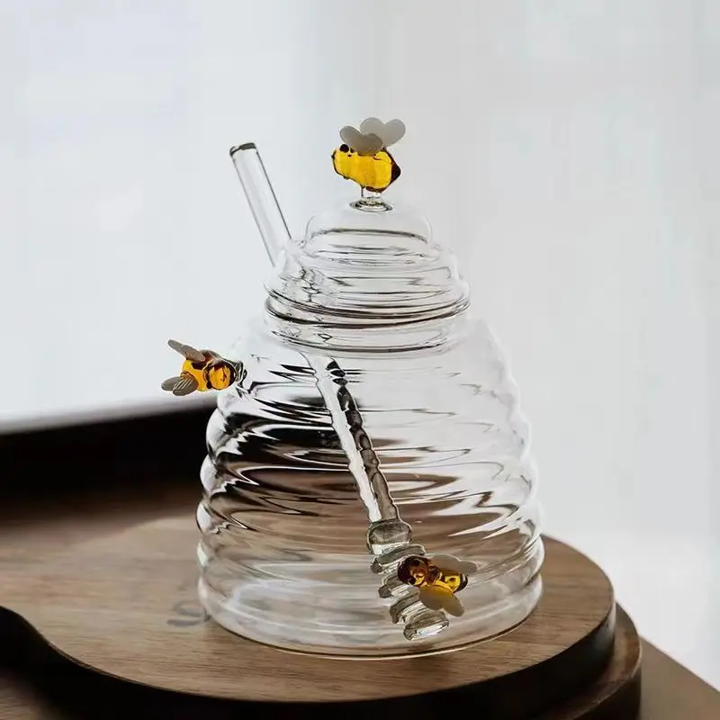 Creative European honeycomb type honeybee transparent lead-free glass honey jar for dessert shop with mixing spoon