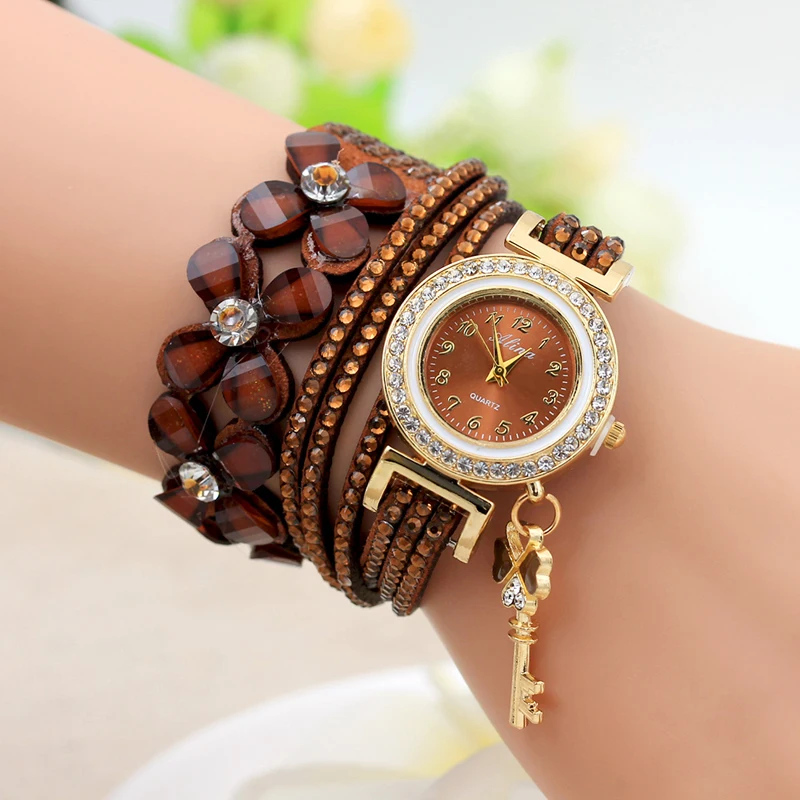 Fancy Flower Crystal Wrap Bracelet Quartz Wristwatch Casual Leather Rhinestone Strap Key Pendant Watch Relogio Feminino For Lady