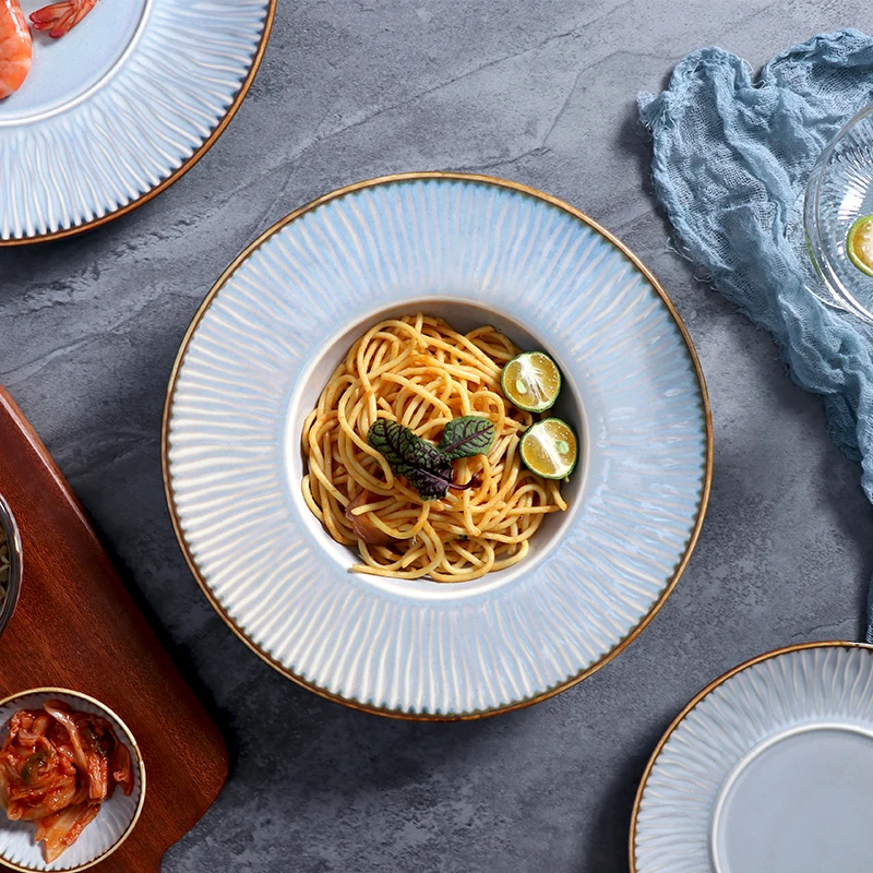 Porcelain Round Plate Blue Luxury Dinnerware Chaozhou Ceramic Factory 12 Inch Main Plate For Restaurant Hotel