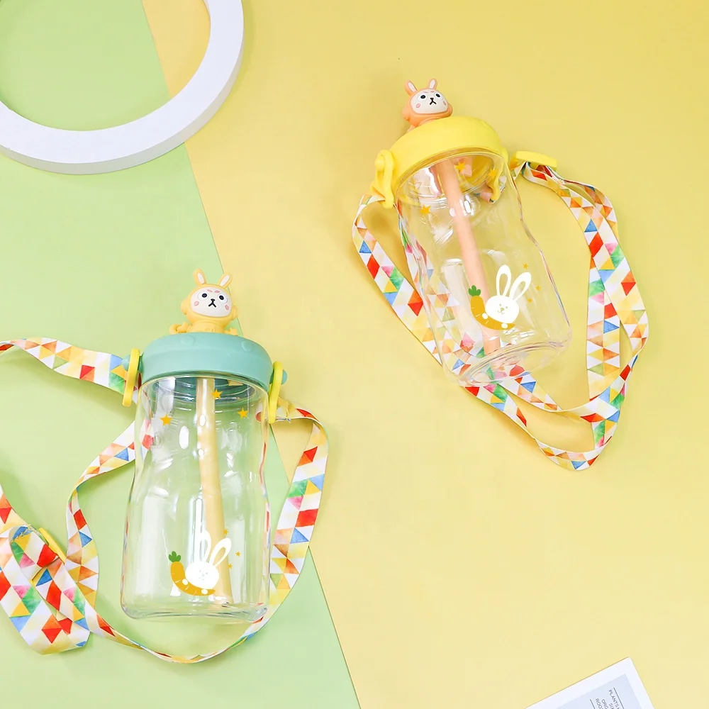 Portable Bpa Free Children Plastic Water Bottles with Straw Sports Silicone Cartoon Rabbit Tritan Kids Water Bottle with Strap