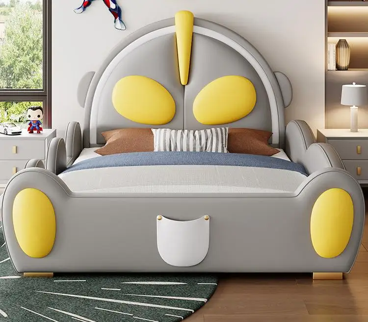 Ultraman single bed Solid wood with guardrail soft cover headboard slide Cartoon castle boy leather bed