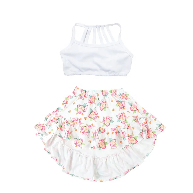 
Hot sale baby girl high low ruffle skirt sweet flower printed dress summer short skirt kids boutique clothing 