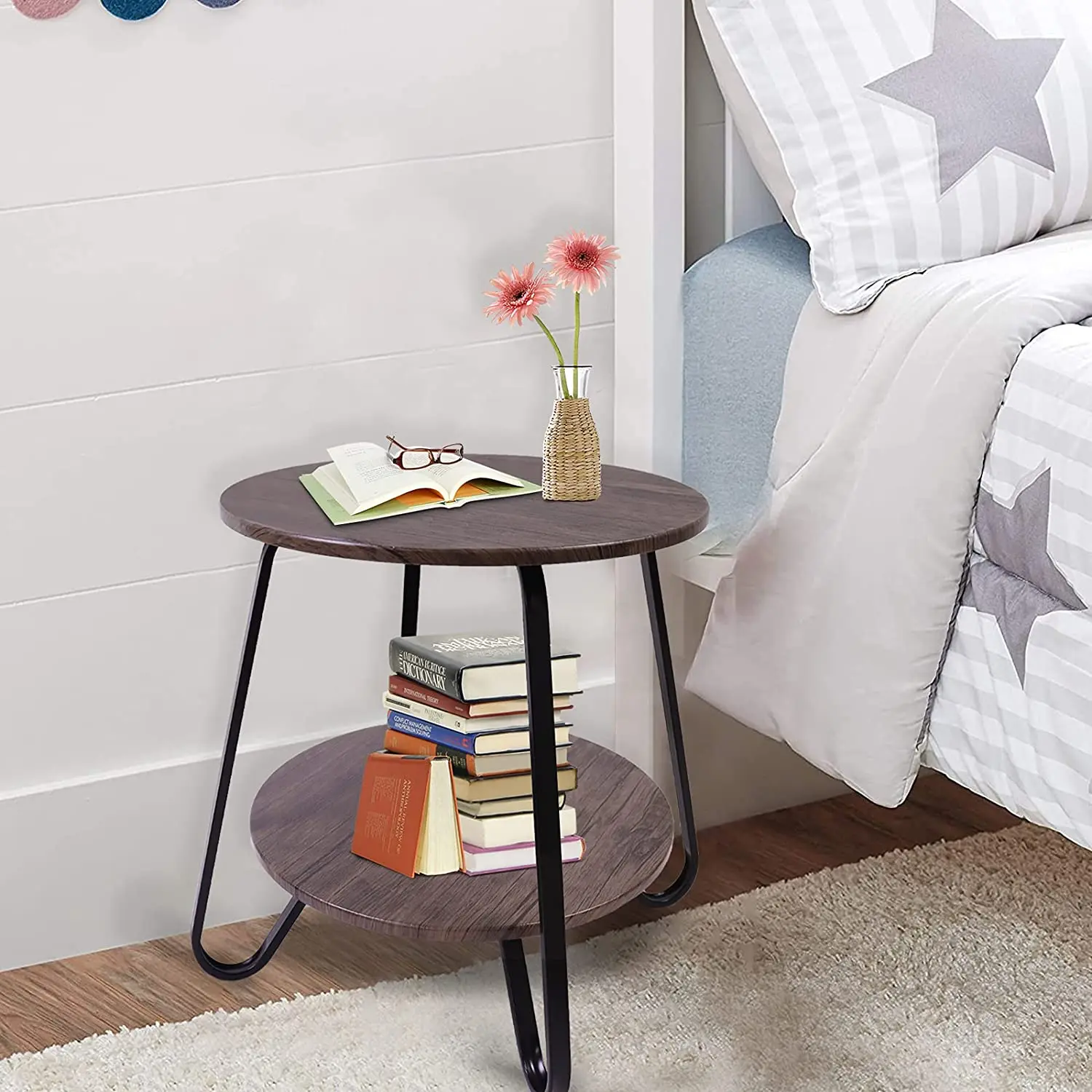Small Round Coffee Table 2 Tiers Side  Rack Wood Table  for Living Room/Bed Room/Kitchen Room, Metal Frame Brown 18inches