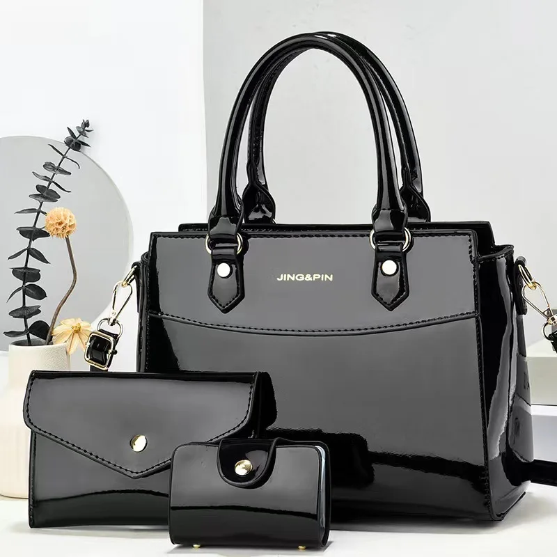 2024 Custom 3 in 1 Luxury Fashion Bright Surface Pu Leather Shoulder Bag Women Messenger Large-capacity Portable Lady Bag