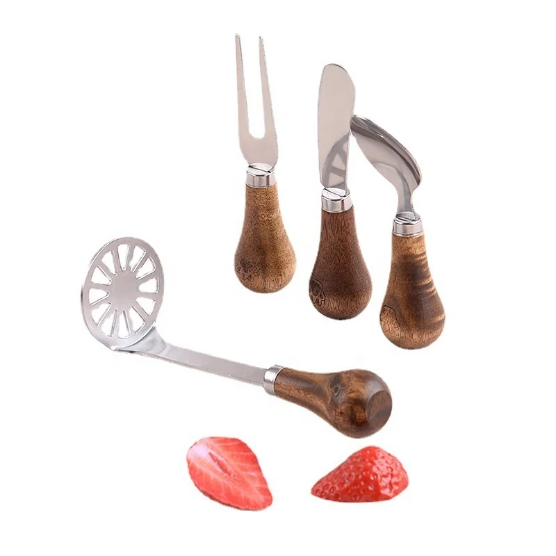 Wooden Handle Stainless Steel Potato Press Cheese Knife Fork Spoon Set Kitchen Baking Tools