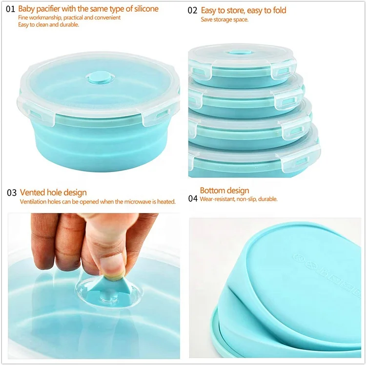 4 Pcs Bento Lunch Box Leakproof,Collapsible Silicone Lunch Box Picnic Food Container