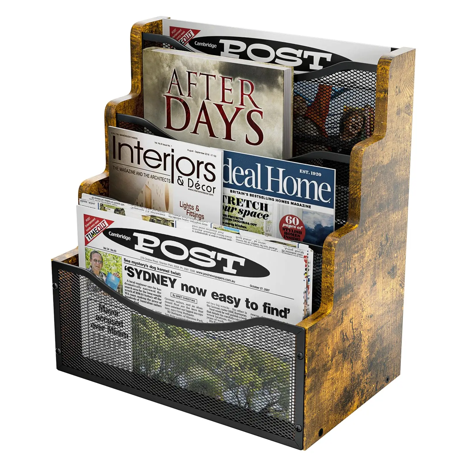 Wood Metal Magazine Holder Wall Mounted Desk Floor Newspapers Sorter Office Metal Wire Mesh Magazine Organizer