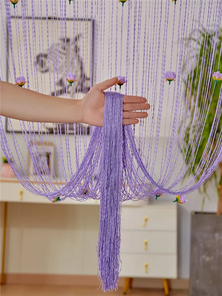 Tassel String Curtain Panels with Artificial Rose Flower Hanging Beaded Fringe Fabric Wedding Living Room Divider Curtains