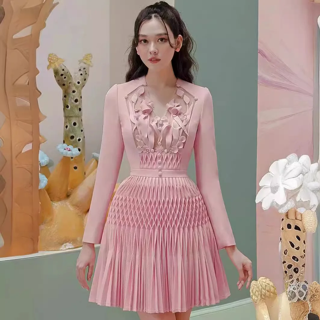 Vietnamese designer  pleated pink dress temperament three-dimensional flower dress mini sweet dress