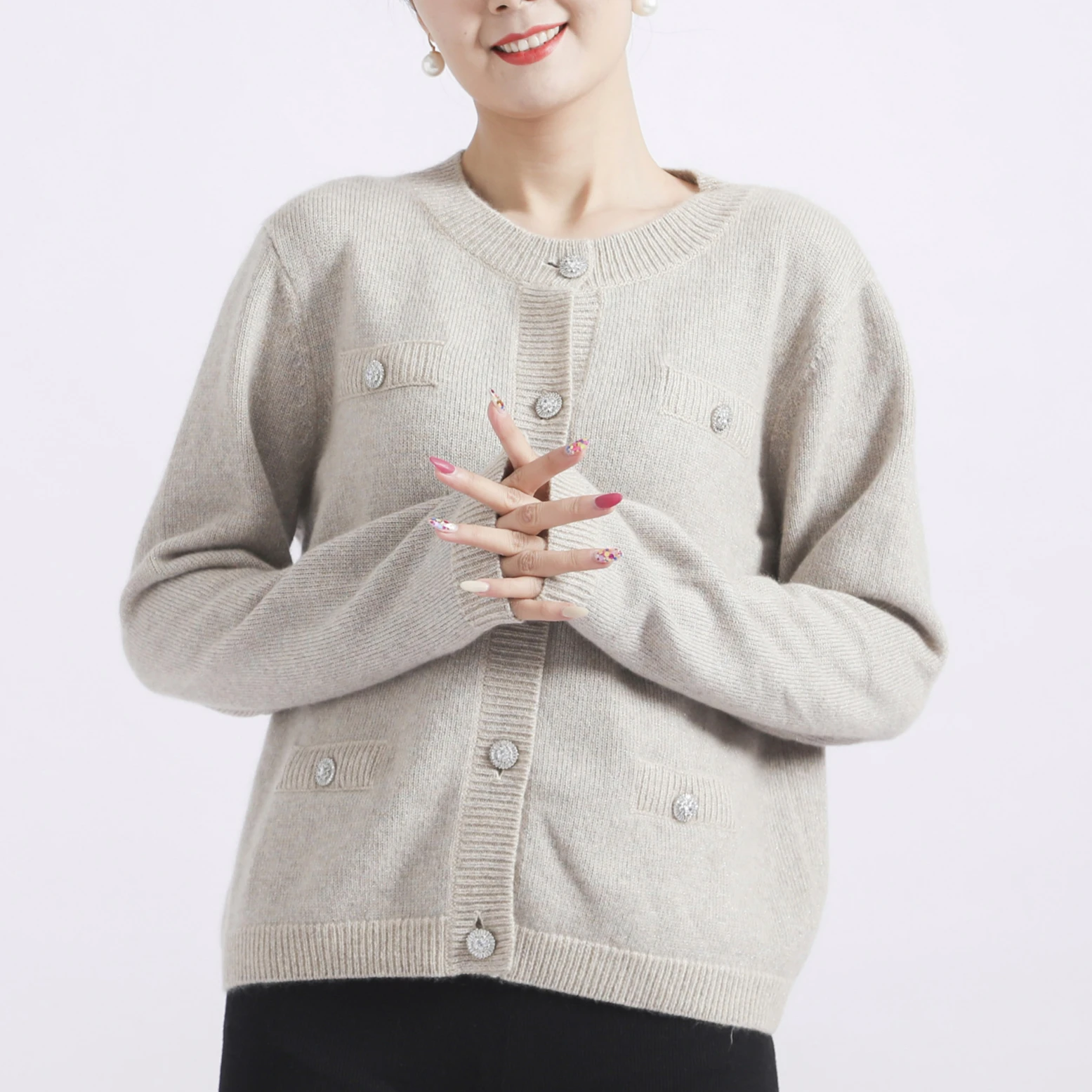 Soft metallic yarn cashmere Cardigan  paillette cloison cashmere cardigan