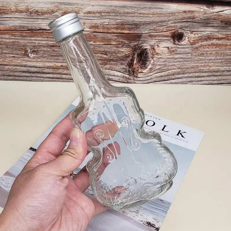 Custom Manufacturer New Design Unique Clear Glass Guitar Shape drinking Bottle France Brandy Spirits Bottle 200ml bulk sale