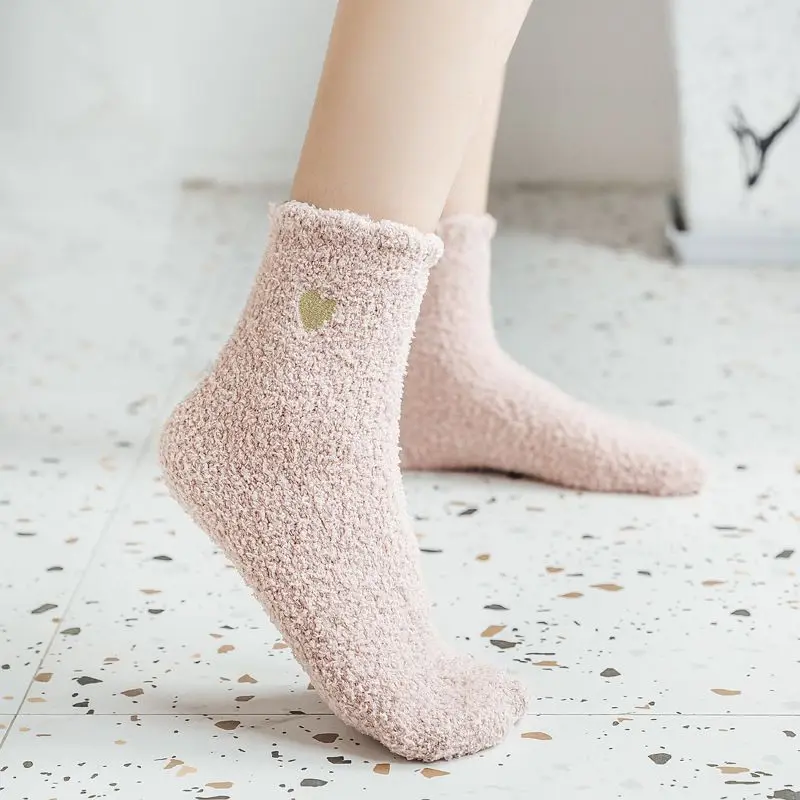Winter Thicken Coral Velvet Fluffy Thermal Women Sleeping Socks Fashion Embroidery Love Heart Fuzzy Warm Women Socks