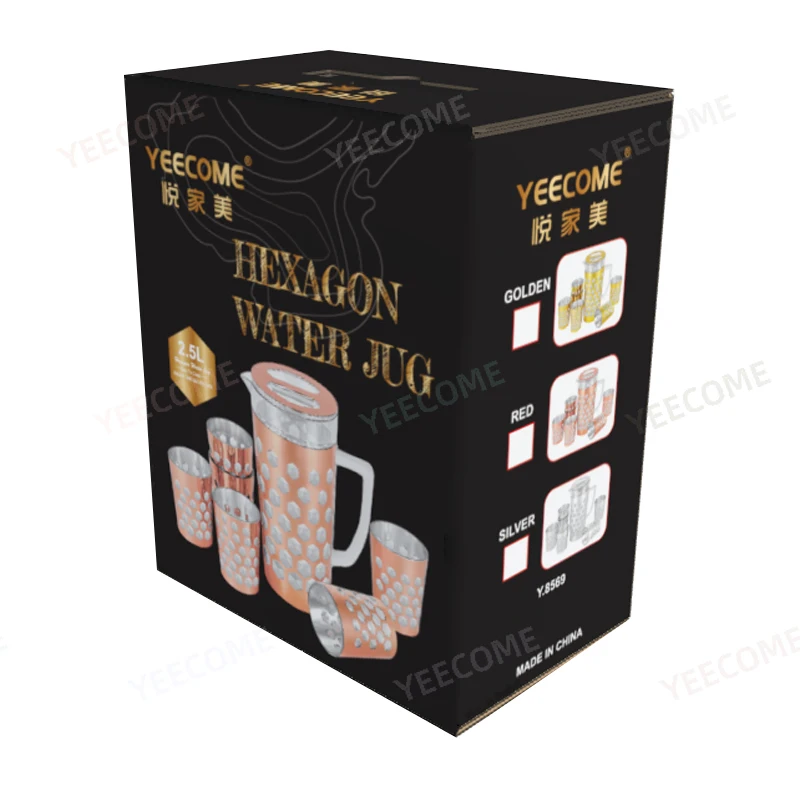 Custom Logo Food Frade Water Jug  7 Piece PS BPA FREE Tea Pot Golden Printing Water Pitcher
