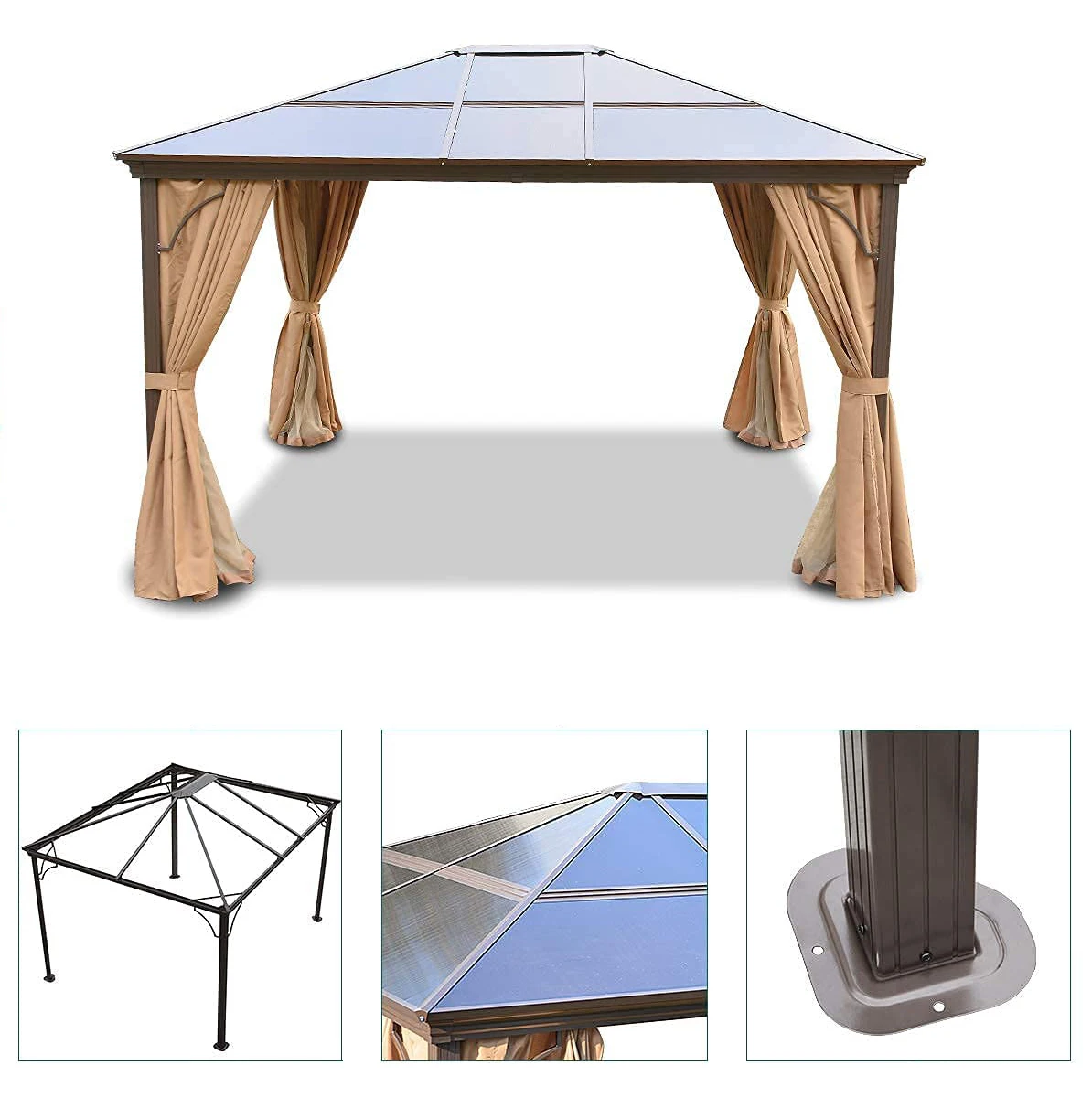 3x4m Patio Gazebo Sun Shelter Hardtop Aluminum Polycarbonate Gazebo Outdoor Canopy Gazebos with Mosquito Netting Customized