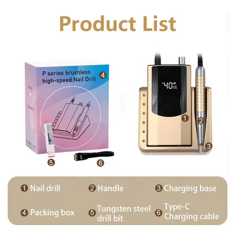 Professional Portable Low Noise Brushless 40000rpm Nail Drill Rechargeable Electric File Nail Polisher