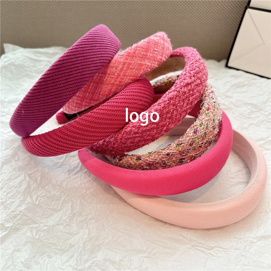 Catalog Famous Luxury Brand Designer Accessories Women Girls Wide Sponge Padded Hairband Thick Winter Tweed Fabric Pink Headband