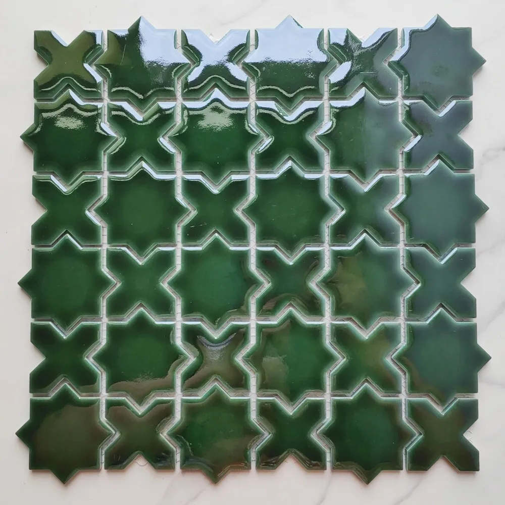 China Cheap Price Glossy Dark Green Morocco Stars Cross Glazed Porcelain Mozaic Wall Ceramic Mosaic Backsplash Tile