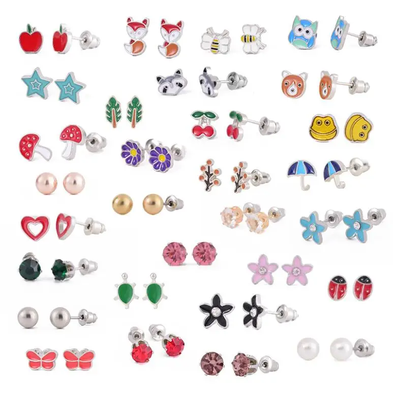 30 pairs/set stainless steel cute animal earrings fox frog mushroom stud earrings setting for women