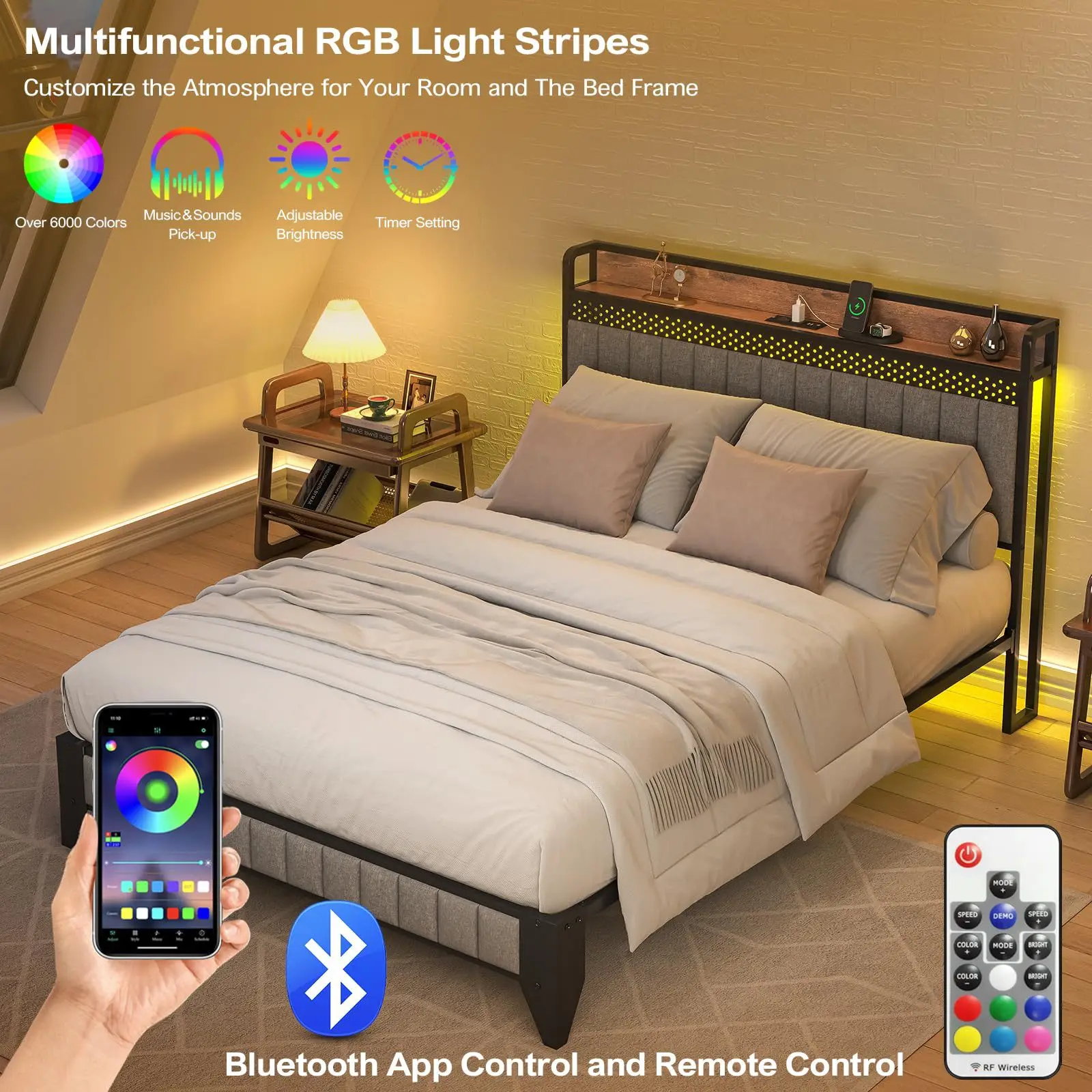 Metallic Double Twin Queen Size Bed Frame with Wood Fabric Headboard and Metal Footboard for Adult