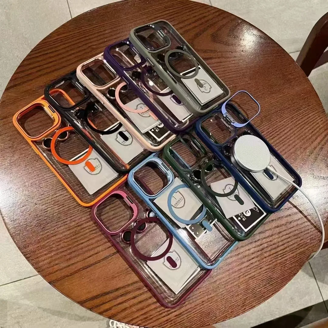BAILI factory Color border Transparent acrylic magnetic 3 lens protective film stand cell phone case for Iphone 11 16 Pro max