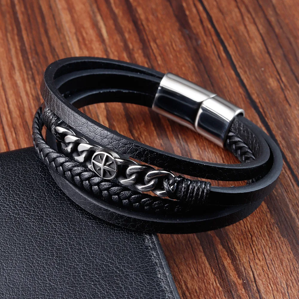 Custom Leather Wristband Bracelet Mens Leather Bracelet And Stainless Steel Chain  Magnetic Clasp Multilayer Leather Bracelet