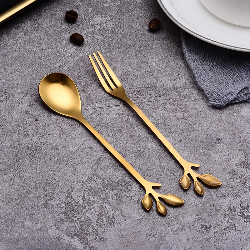 Amazon hot sale Stainless steel leaf spoon 12cm Fruit fork creative Golden tableware Cake fork 12g Dessert spoon Coffee spoon