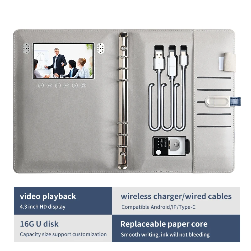 Brand A5 Quality Leather Notebook OEM Gift Set LCD Video Screen Jotter Diary Notebook Power Bank Charging Agenda Notepad