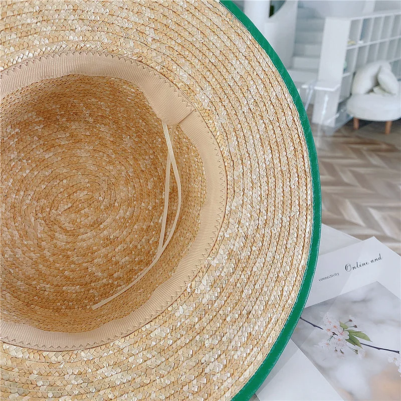 Hot selling solid ladies beach sun protection Green brimmed straw Women fashion flat top Jazz hat