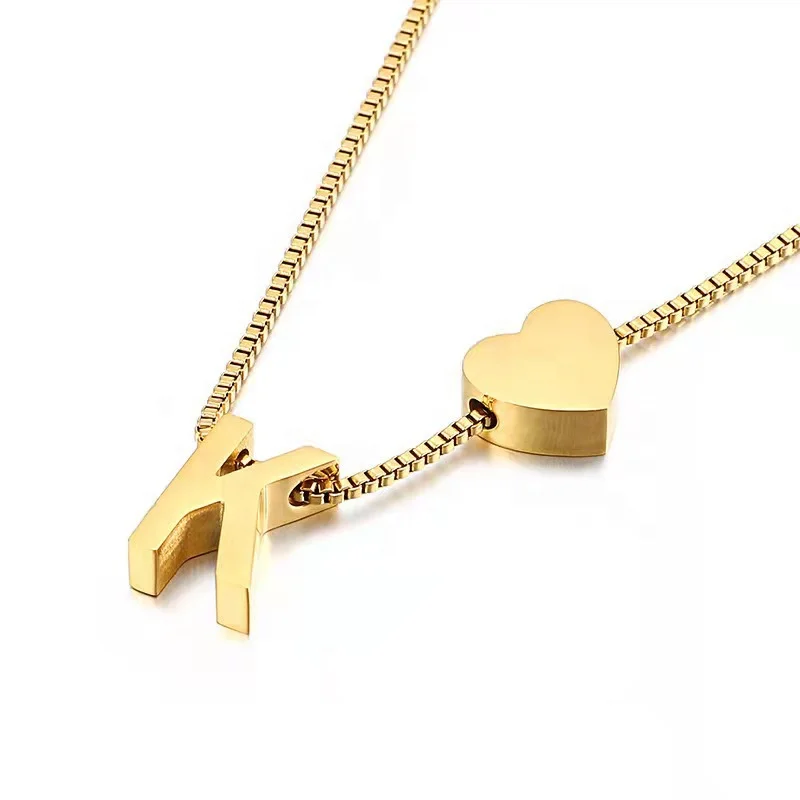 Fashion 18k Gold Plating 26 Letters Alphabet Necklace Stainless Steel Heart Letter Charm Necklace For Women