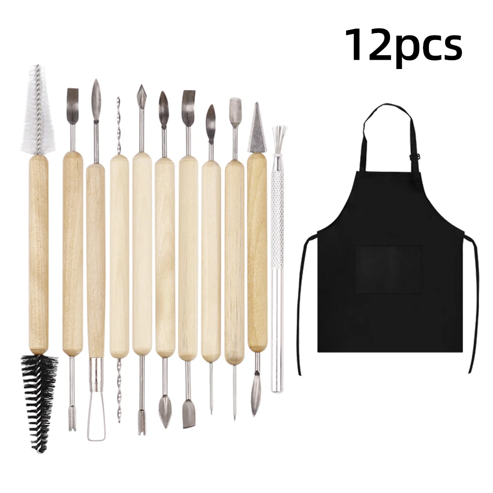 Hot Sale Wood Handle Pottery Clay Tool 12 Piece Set of Pottery Tools Ceramic Making Kit with Apron Art Supplies