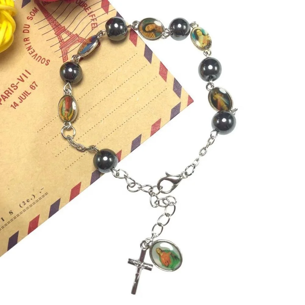 exquisite zinc alloy metal beads religious oval connector hematite bead rosary bracelet catholic icon bracelets