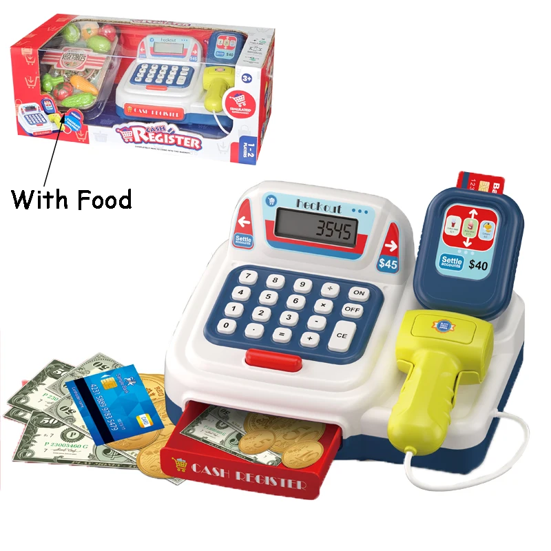 QS OEM ODM Educational Toy Kids Pretend Play  Real Calculator Cash Register Toy With Music Scanner Credit Card Reader Microphone