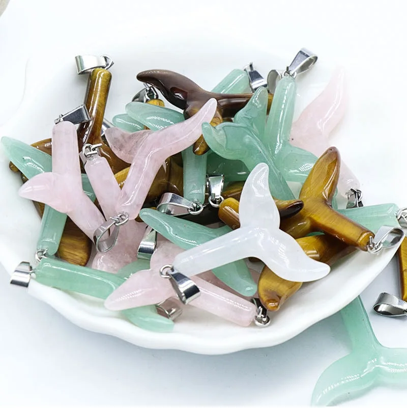 wholesale  natural gemstone stone Tiger Eye  White Jade gift diy whale tail  crystal  stone pendant necklace