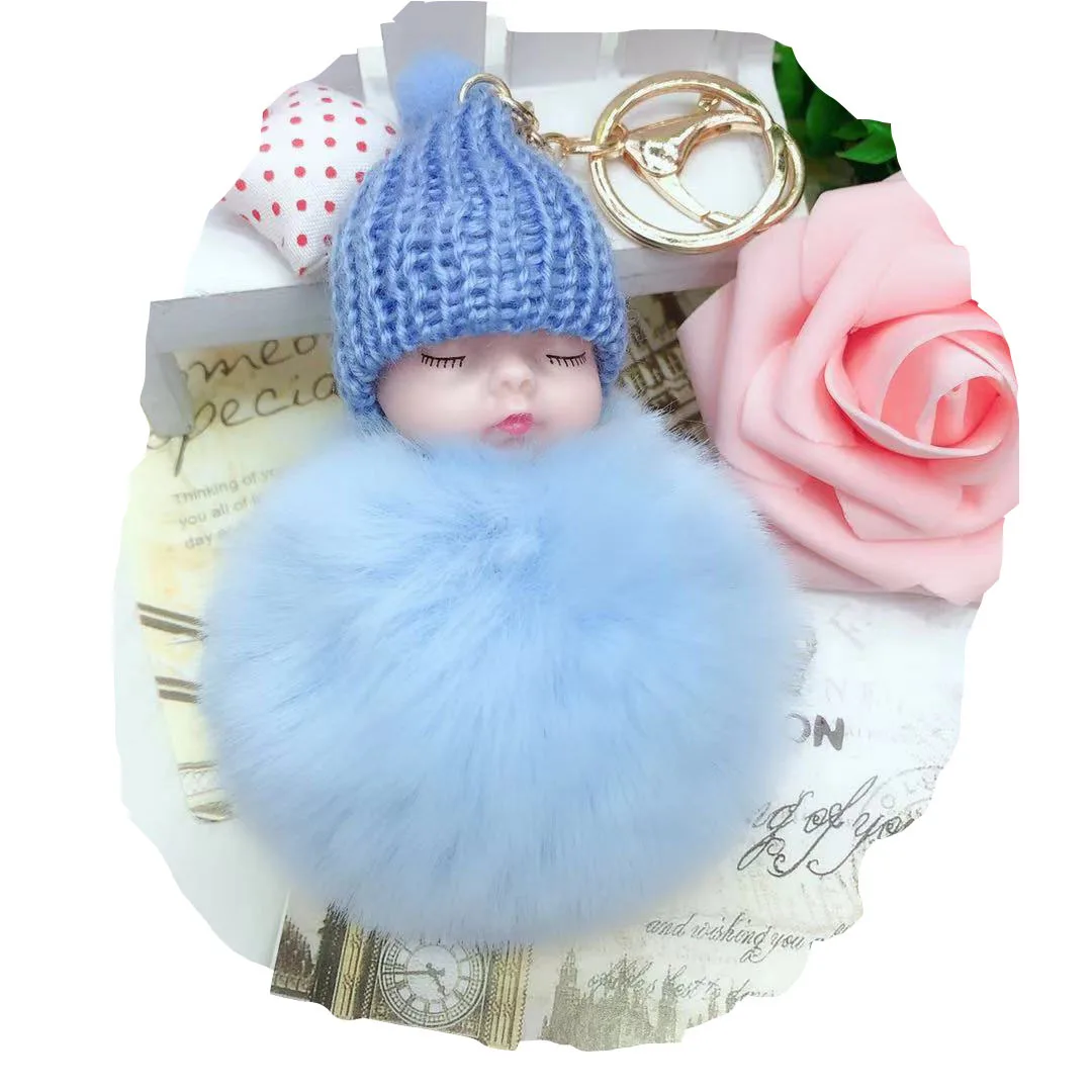 New Sleeping Cute Baby Fur Ball Key Chains Cute Plush Doll Key Chain Sleep Baby Keychain
