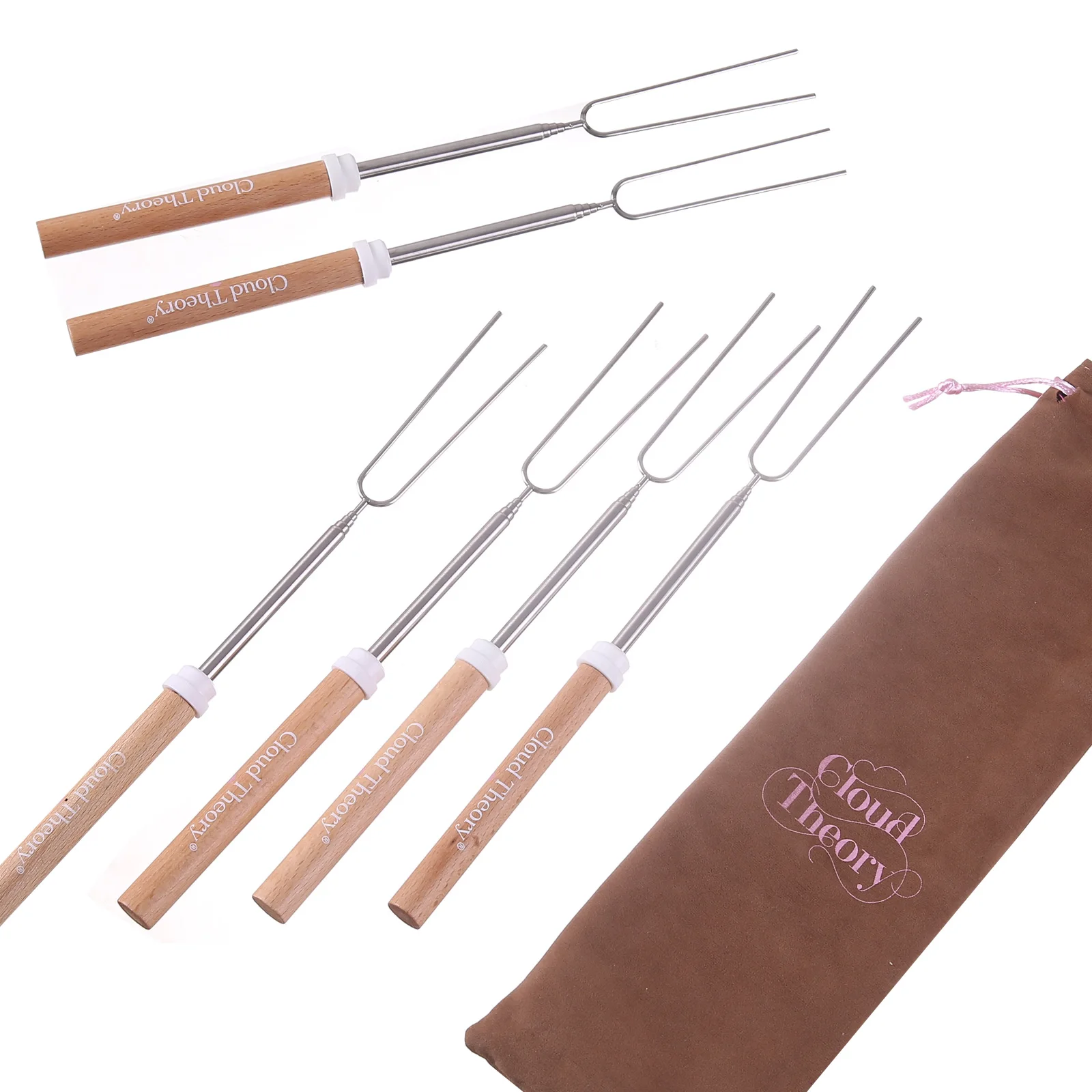 Custom High Quality Beech Wood Handle Marshmallow BBQ Skewers Telescoping Roasting Sticks Stainless Steel BBQ Stick Forks
