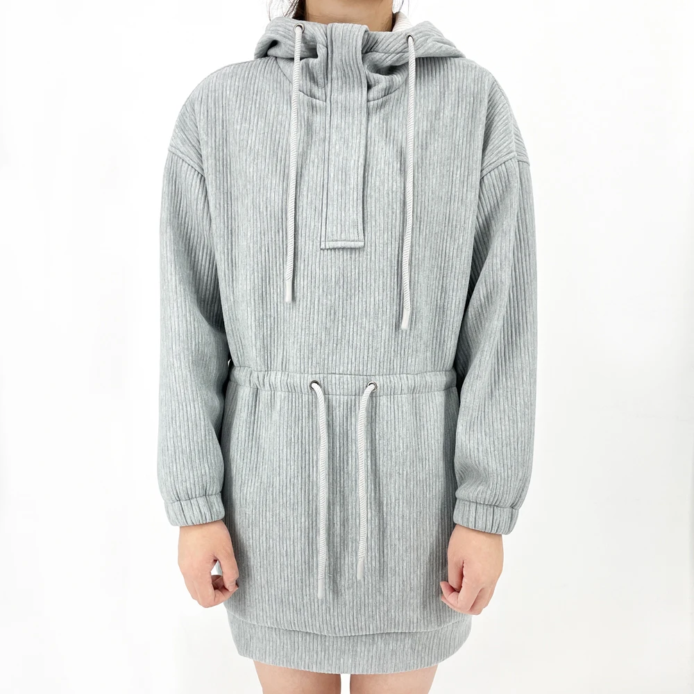 2021 Winter Fashion Brand Long Sleeve Gray Cotton Knitted Pullover Wrap Hooded Sweater Dress Maxi With Hoodie