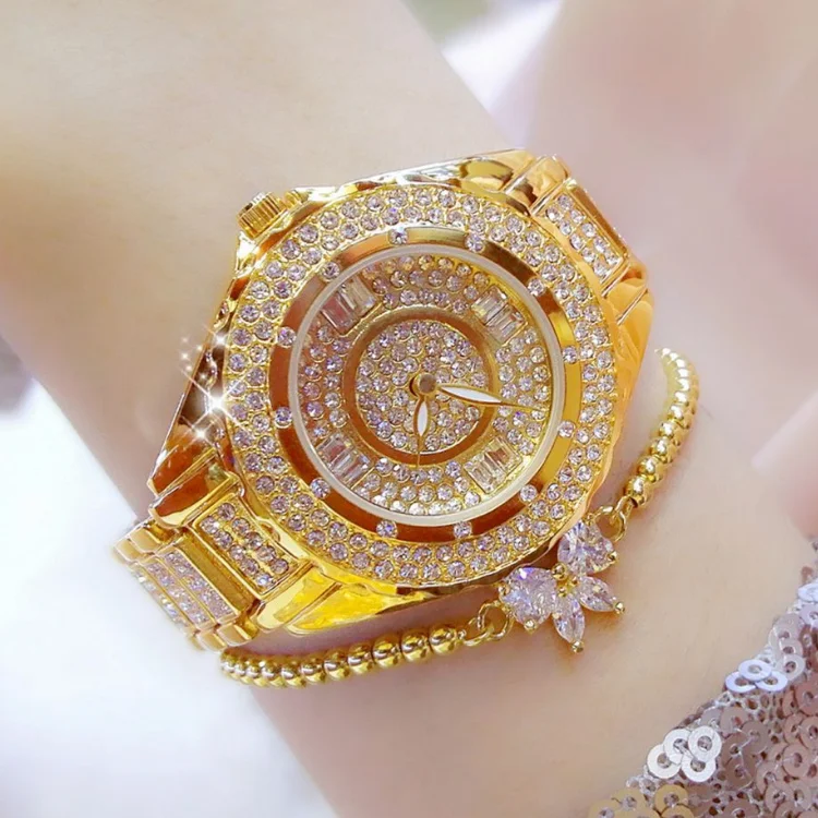 BS FA0917L High Quality Fashion golden womens quartz watch nice Crystal band big dial analog display Simple wristwatch for women