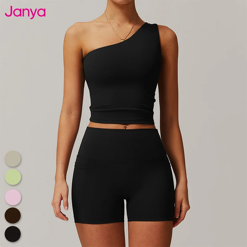 Janya Women Gym Sets Hot Sexy Sport Suits One Shoulder Removable Pads Bra And No Front Seam Side Pockets Yoga Shorts Set